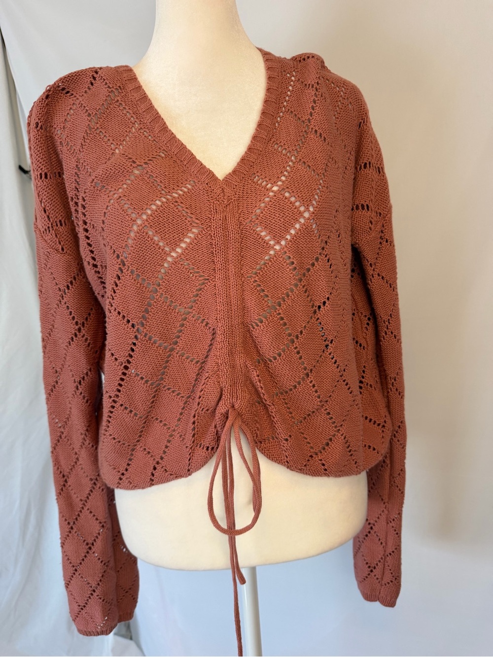 Jessica Simpson Dark Dusty Rose Tone Open Knit V-Neck Drawstring Sweater